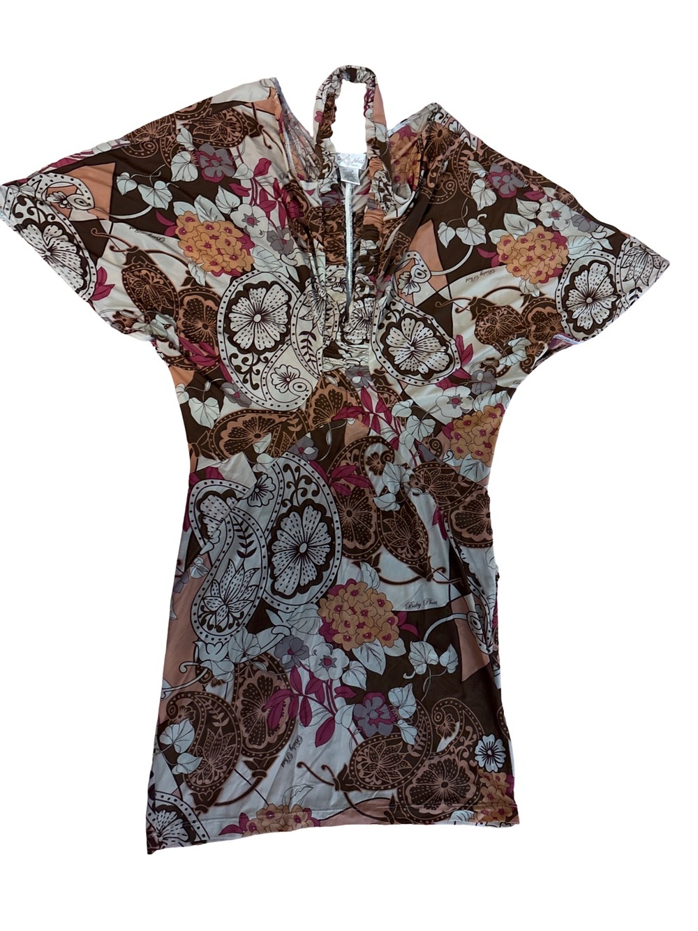 Baby Phat Brown Floral Paisley Halter Mini Dress with Pink & Cream Accents